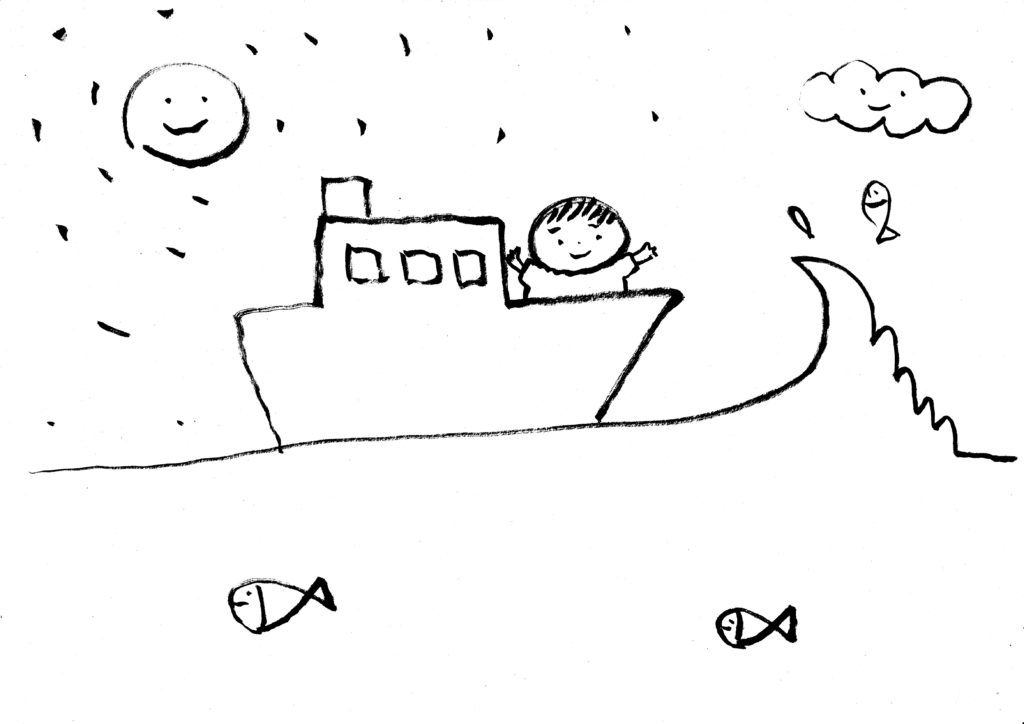 船に乗って、楽しそういしている彼女のイラスト。彼女が描きました。