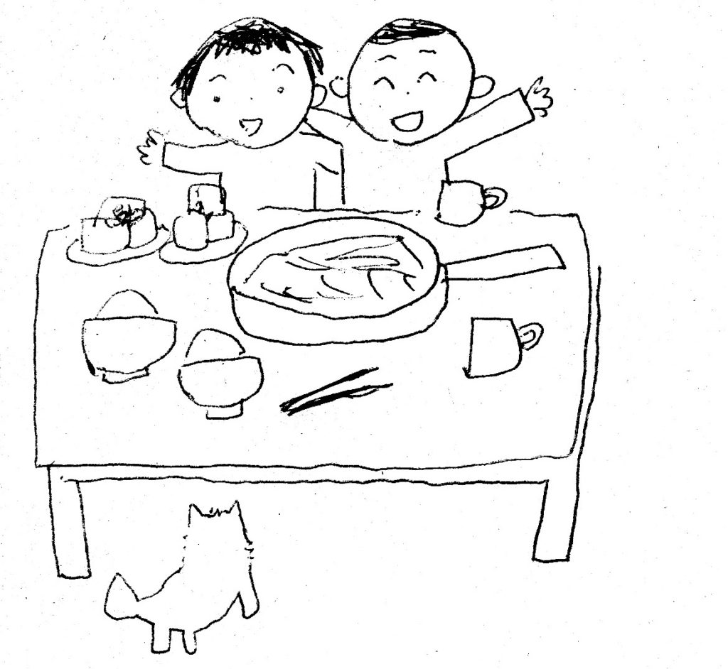 私と彼女と愛犬の3人で仲良くご飯を食べているイラスト。彼女が描きました。