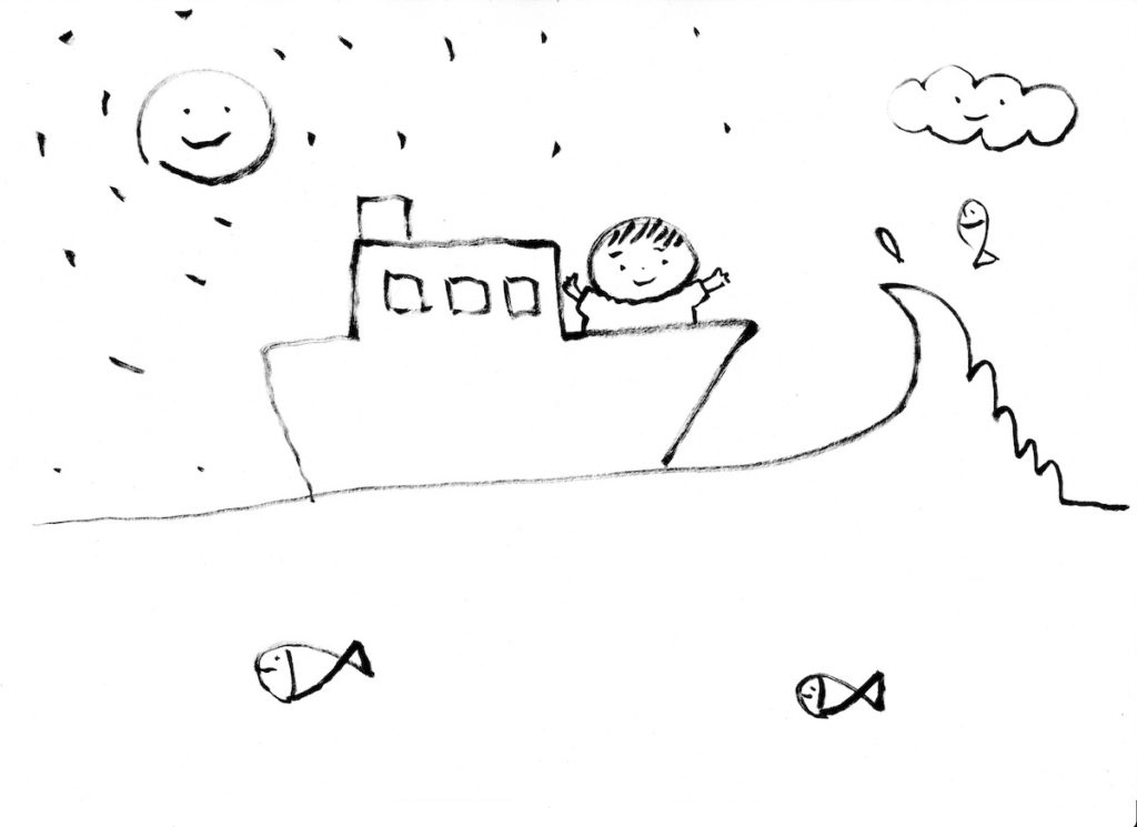 船に乗って、はしゃいでいる彼女のイラスト。彼女が描きました。