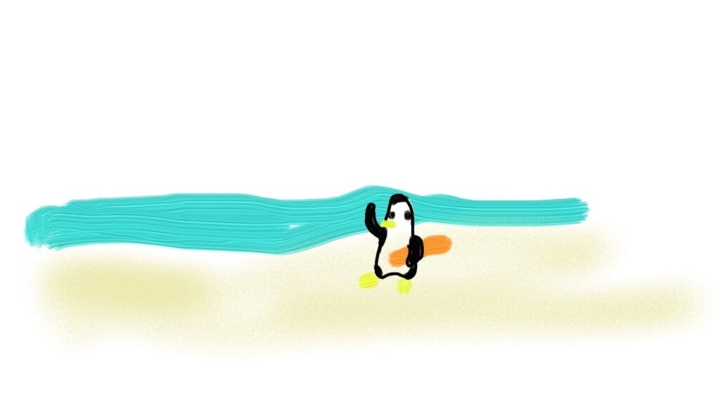 ペンギンがサーフボードを持って、砂浜を歩いているイラスト。彼女が描きました。