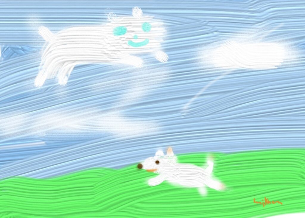 草原を走っている犬のイラスト。彼女が描きました。