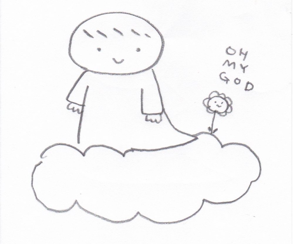 「雲の上に乗っている天使ちゃん」のイラスト。彼女が描きました。